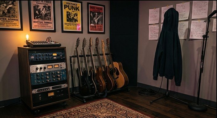 The gear wall: a rack of outboard, a row of guitars, and punk show posters