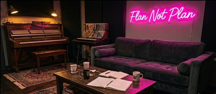 The studio lounge: an upright piano, a velvet couch, and a pink neon sign